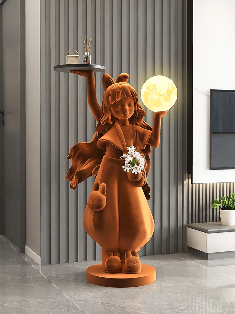 Home Decor 104CM Flocking Girl Statue Tray Storage Rack Floor Decor Living Room Furniture Tea Table Nightstands Figure Sculpture