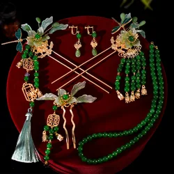 Ancient Chinese Hanfu Headdress Luxury Hairpin Tassel Step-shaking Green Xiuhe Accessories
