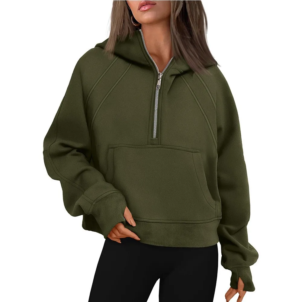 

New Style Women's Half-zip Pullover Hooded Sweatshirt Fleece Short Fashionable Sweater
