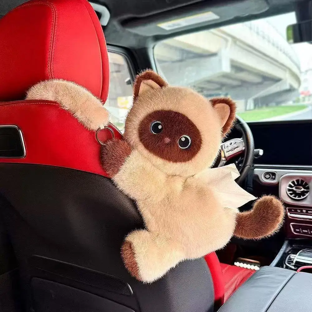 Car Tissue Box Holder Cartoon Hanging Headrest Tissue Storage Bag Plush Doll Tissue Box  Back Seat Napkin Holder Car Interior