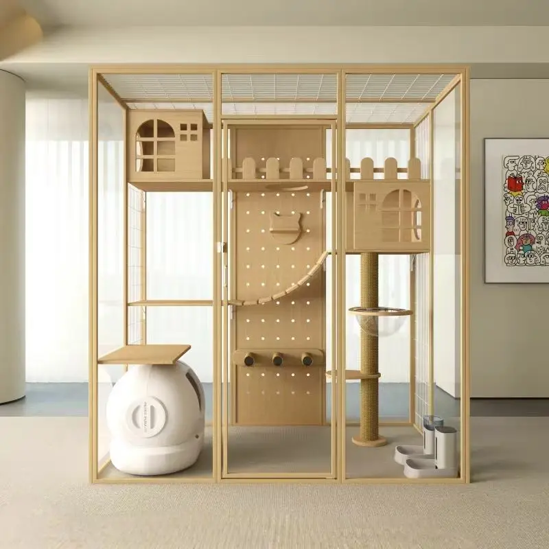 Large Premium Solid Wood Pet Villa with Enclosure, Glass Panels, Built-in Tree and Tunnel, Ideal for Indoor & Outdoor Use