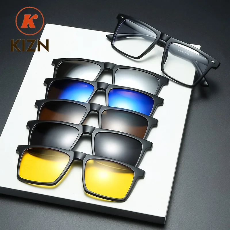KIZN 스포츠 근시 편광 자석 선글라스 남녀 클립온 안경 사각 광학 안경 6 in 1 안경테 -0.5 ~