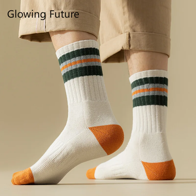 Chaussettes d'hiver en éponge pour hommes, tube moyen rayé, isolation optique en peluche, longueur moyenne, serviette astronomique, nouveau, 5 paires