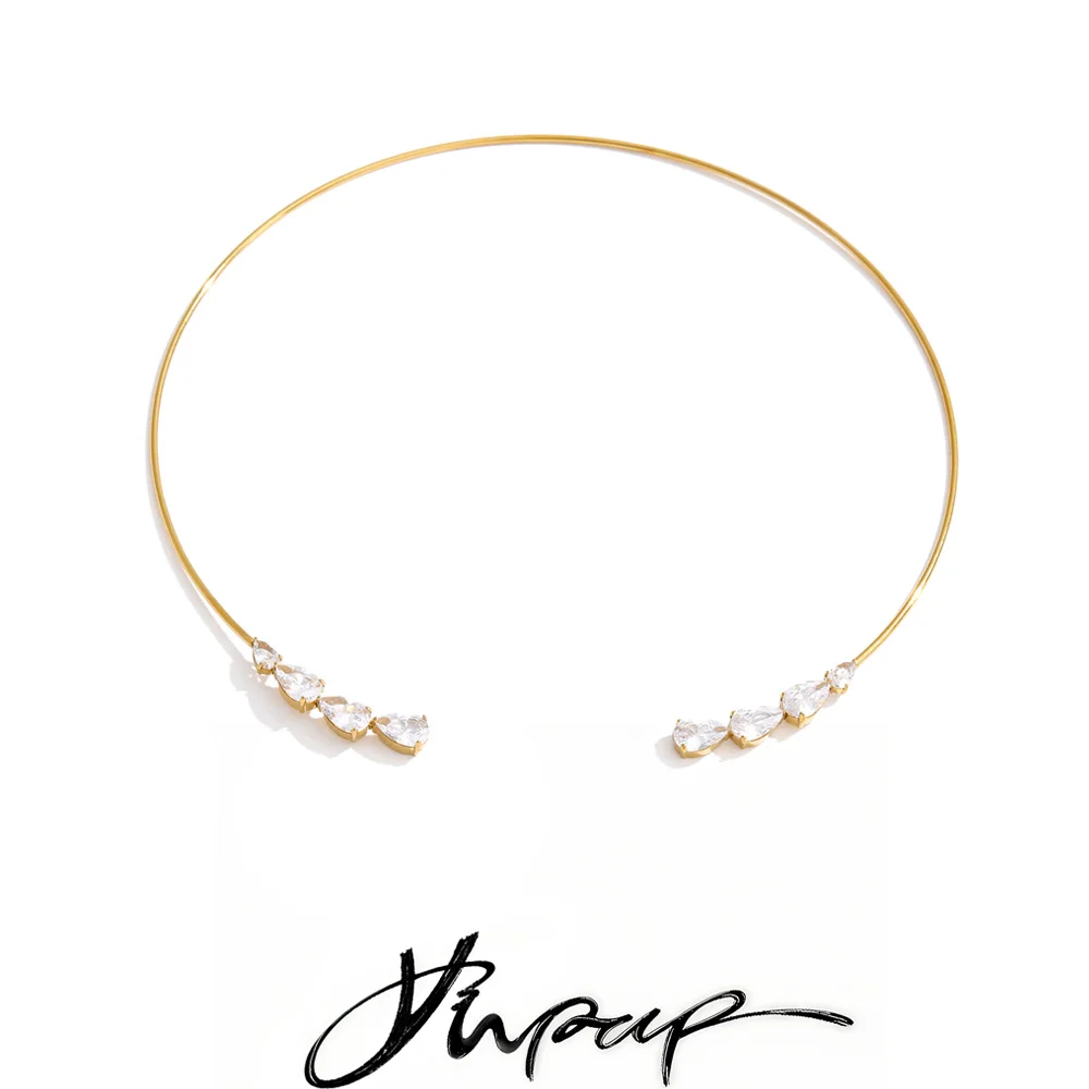 Yhpup Stainless Steel Cubic Zirconia Torques Necklace for Women Summer Delicate Trending Arrivals Aesthetic Golden Jewelry
