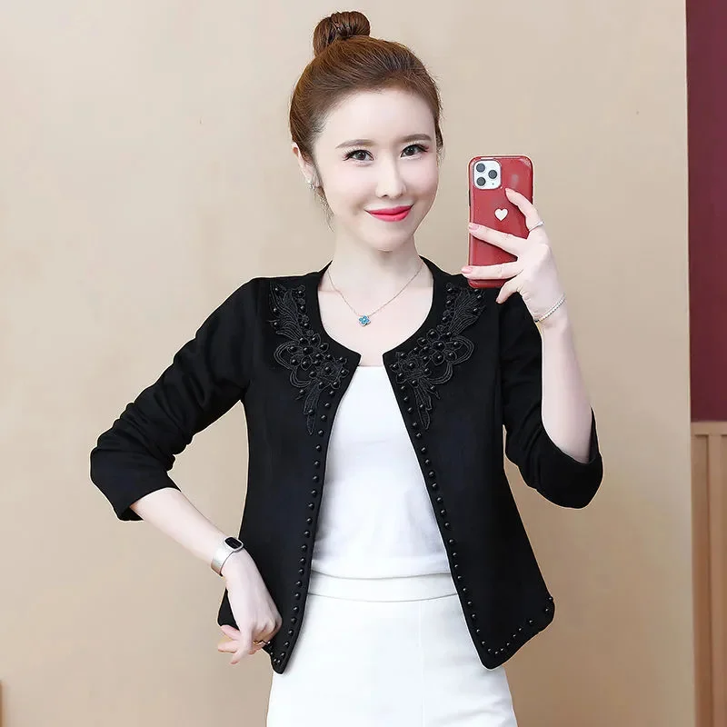 Spring Autumn Short Pure Colour Suits Jacket Women 2024 New Round Collar Coat Fashion Nail Bead Cardigan Blazer Outwear Female