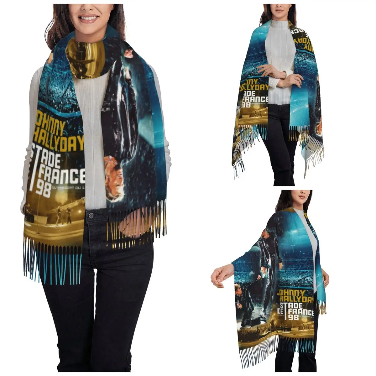 Women's Tassel Scarf Johnny Hallyday Long Winter Fall Shawl Wrap Music Gifts Cashmere Scarf
