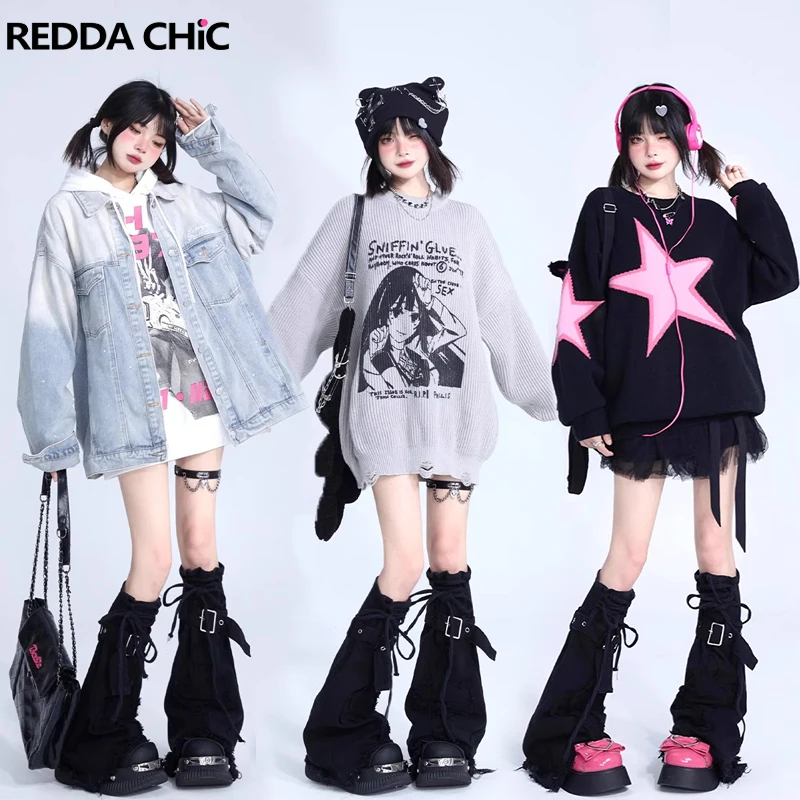 

ReddaChic Goth Cross Stitch Women Leg Warmers Denim Black Solid Grayu Y2k Harajuku Japanese Girl Long Socks Bandage Boots Cover