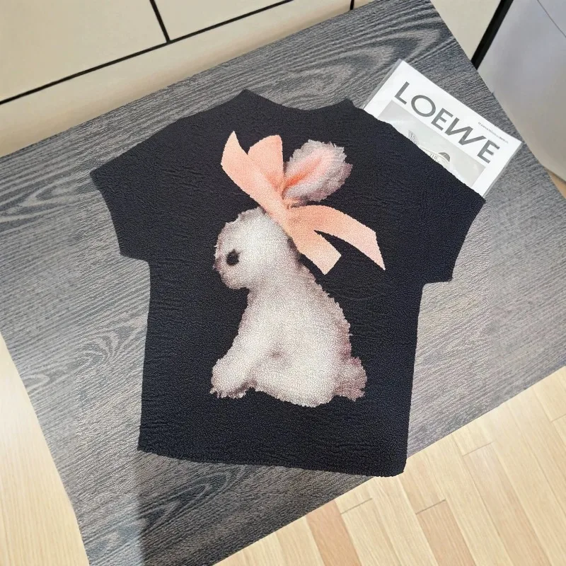 Miyake Pleated Summer 2026 Original New Bowknot Rabbit Fashion Loose Casual Pleated Shirt with Girly Print Short Sleeve Top