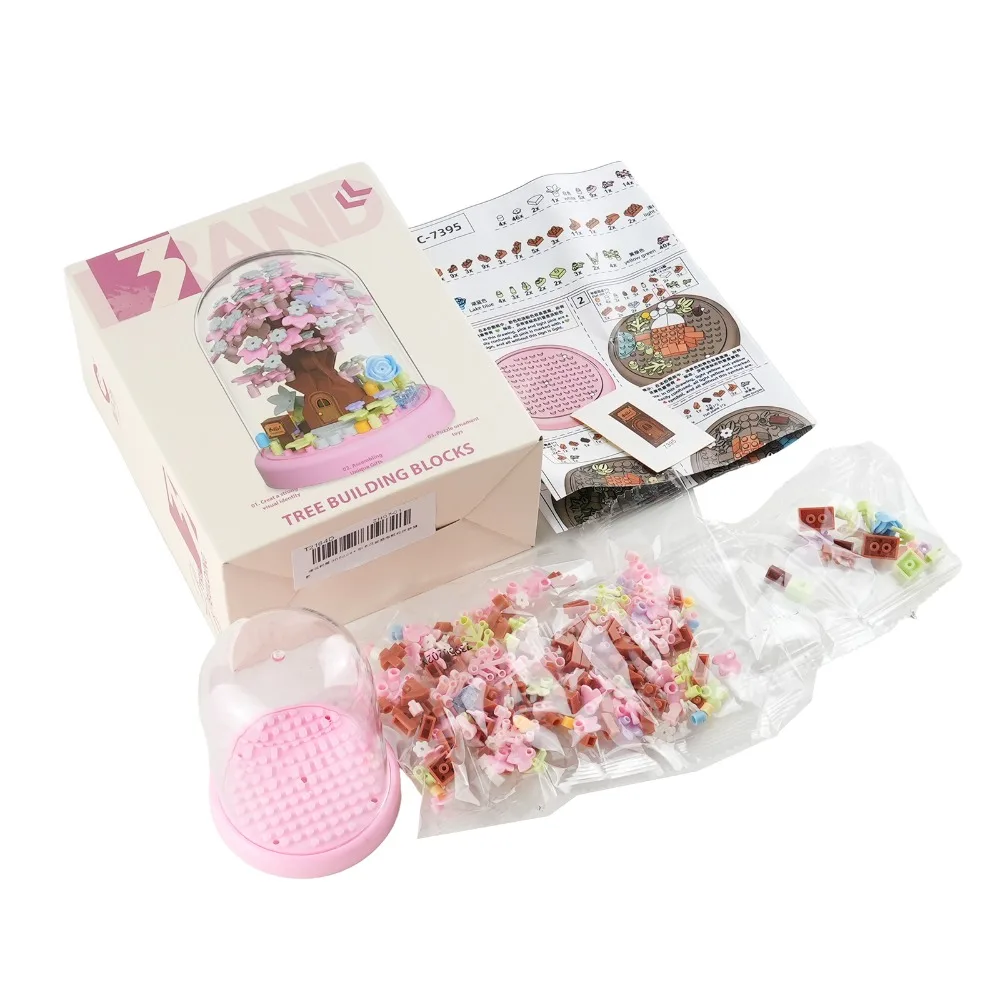 Sakura Blossom Tree House Building Set 305pcs Micro Particle Flower Pot Plant with Display Case DIY Xmas Home Decor Gift