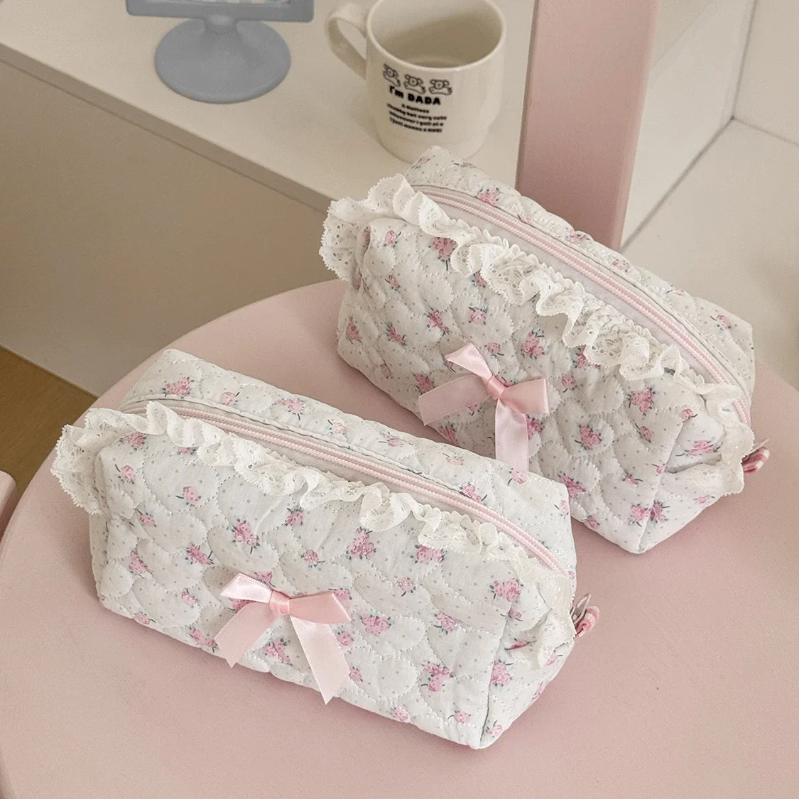 

Pink Flower Women Lace Small Makeup Bag Travel Organizer Cosmetic Coins Handbag Pouch Gilrs Cute Bow Square Zipper Wallet Bags