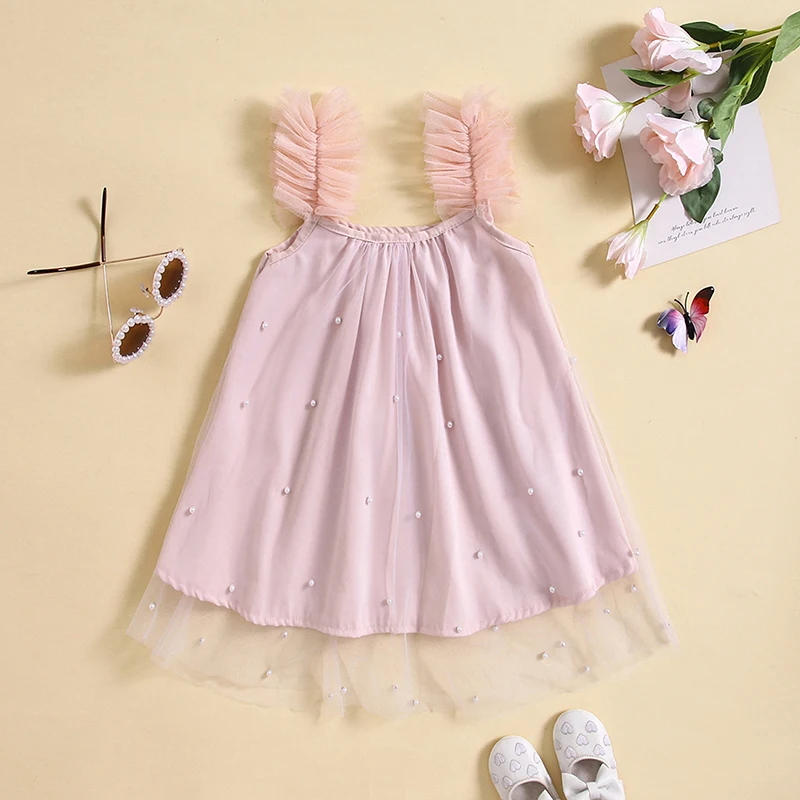 Toddler Girl Summer Sleeveless Dress Tulle Shoulder Strap Pearl Decoration A-line Slip Dress