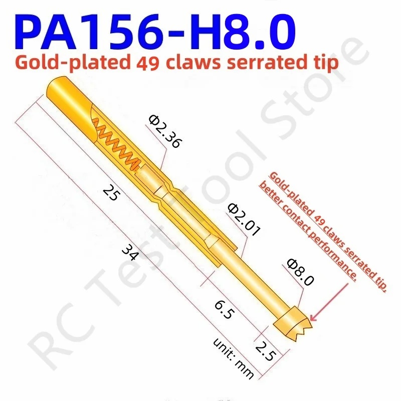 

20/100PCS PA156-H Spring Test Probe Test Pin P156-H Pogo Pin PCB Test Tool 34mm Dia 2.36mm 49-claws Gold-plated Head Dia 8.0mm