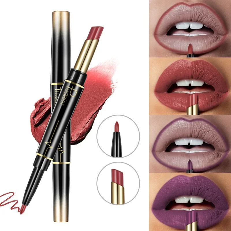 Hoge Kwaliteit 2in1 24Hr Blijvende Waterdichte Lippenstift Lip Liner Pen Make Matte Pigment non-stick Cup Lip Stick lipliner Cosmetica