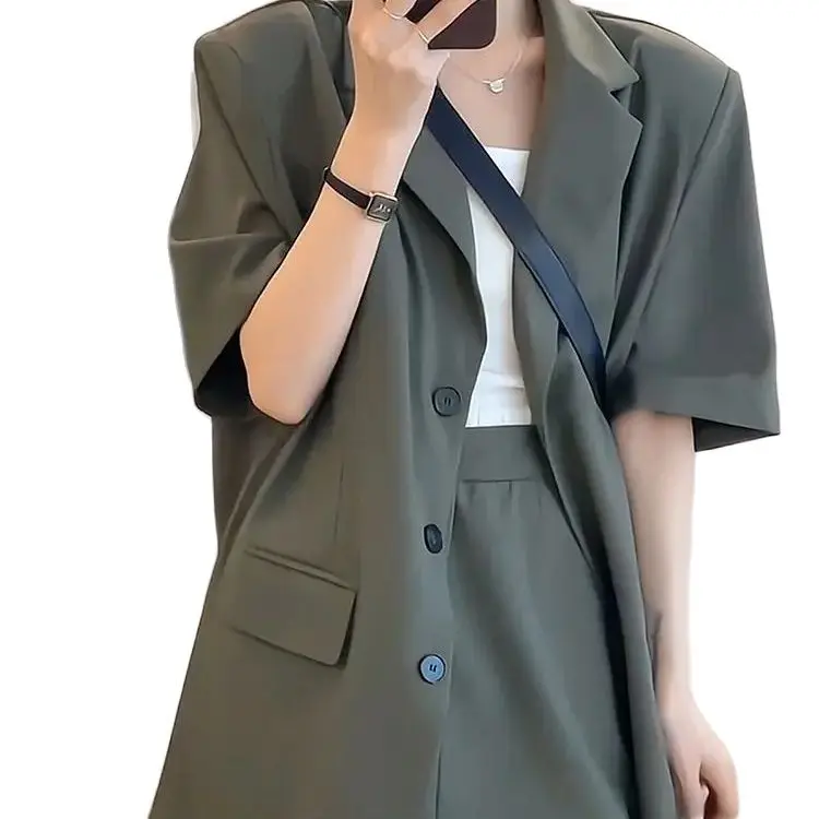 Blazer Skirt Suit Summer Vintage Women Gray Casual Loose Blaser Jackets Solid Short Skirt Outfits Female Korean Fashion 2 Pieces