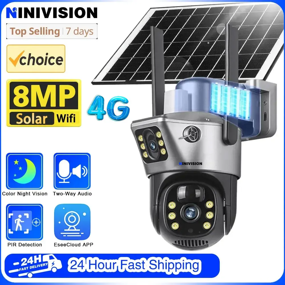 8MP 4K 4G Internet Traffic Card Solar Camera Dual Lens Monitor Security Protection PTZ Video Surveillance CCTV 2-Way Audio