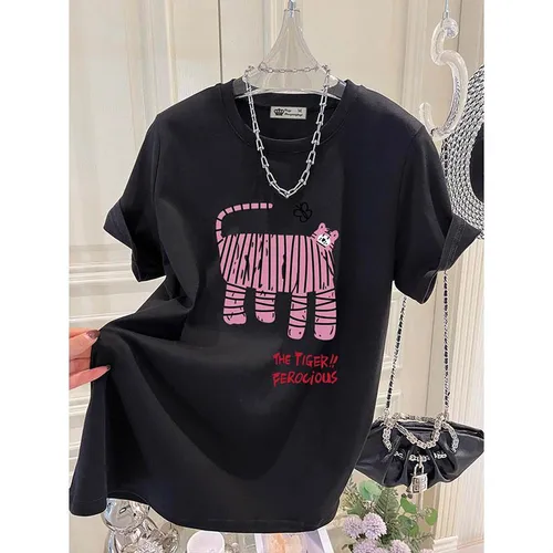 Imagen 2 del producto Novedad de verano, camisetas divertidas con estampado de dibujos animados de tigre, ropa para mujer, camiseta de manga corta de algodón puro que combina con todo, Jersey holgado Y2k