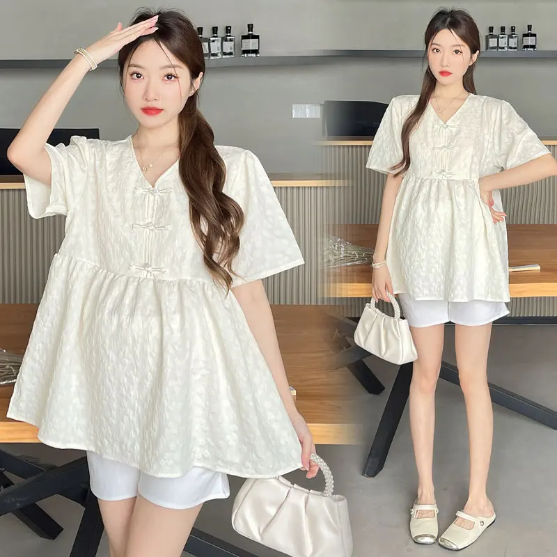 

Chinese style Pregnant Women's V-neck Button Up Blouses Belly Shorts 2PCS/SET Plus Size Summer Maternity Clothes Set Loose Suits