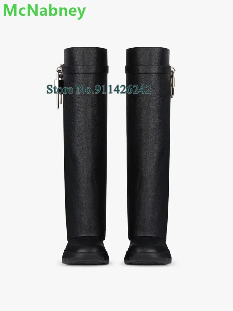 Black Lock Wedge Heel Long Boots For Female Women Luxury Designer Round Toe 2024 New Genuine Leather Solid Fashion Runway Shoes