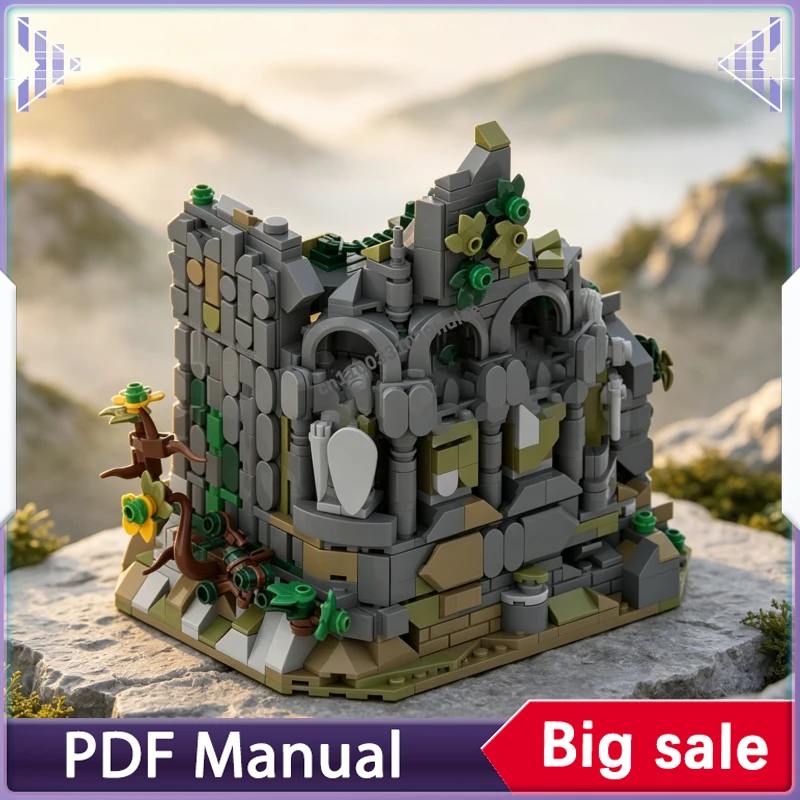 MOC Building Blocks Medieval Ruined Castle Model, Fantasy Elven Ruins DIY Brick Set Desktop Decor Collectible