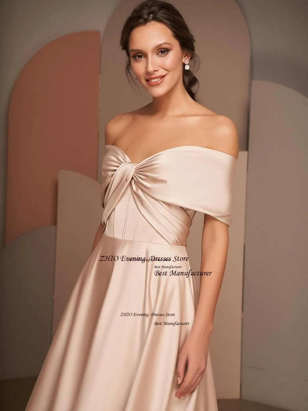 ZHIO Champagne Satin Evening Gown Bow Strapless A Line Long Party Dress Pleats Off Shoulder Prom Gown for Women Customized