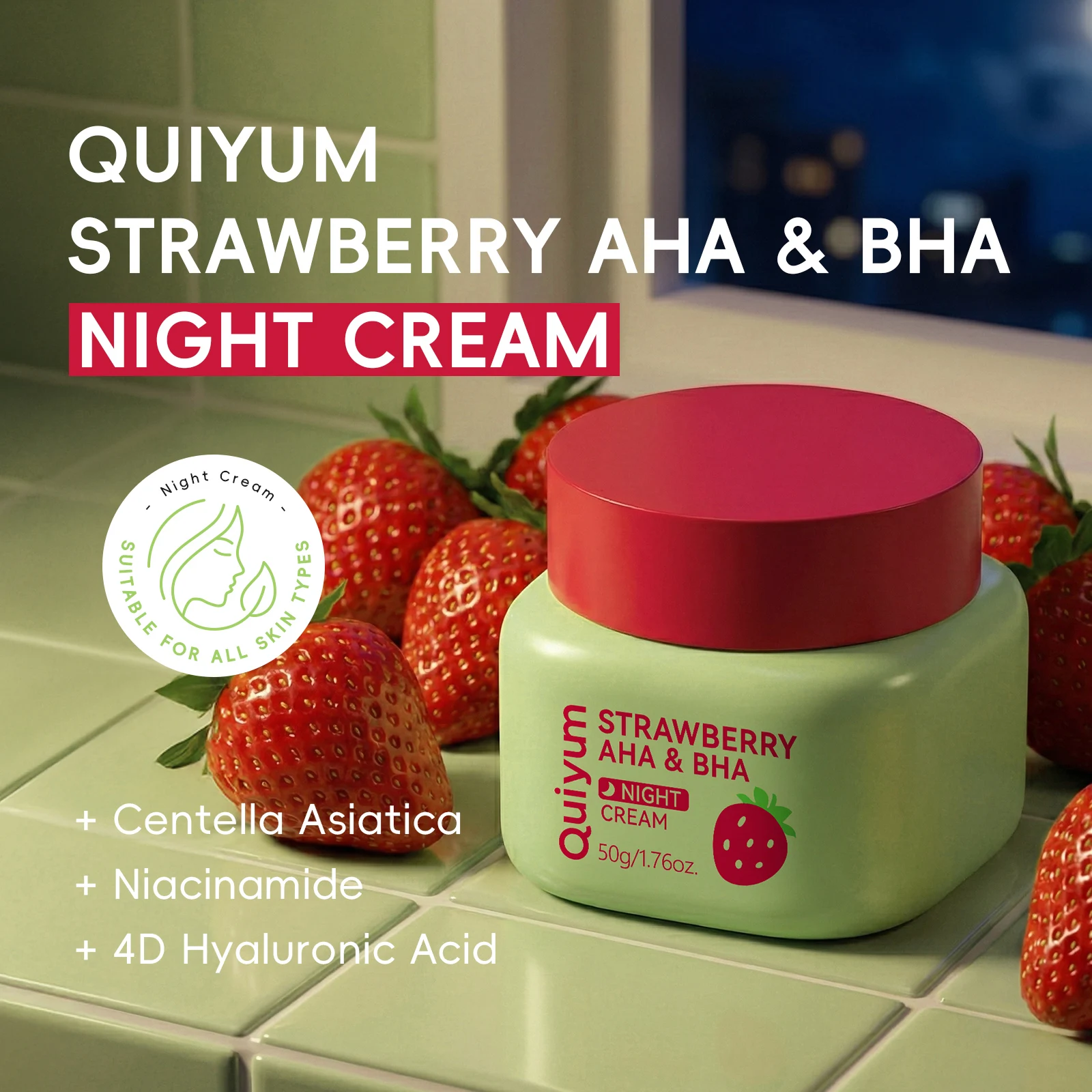 Quiyum Strawberry AHA & BHA Night Cream 50g Mild Exfoliation Long‑Lasting Hydration Smoothing Brightening 4D Hyaluronic Acid