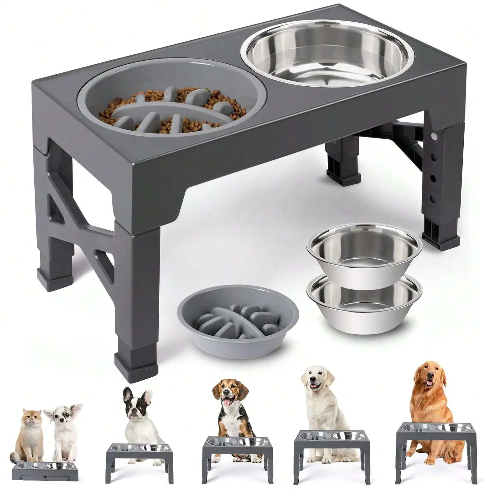5 Adjustable Heights Raised Dog Bowl Stand, With 2 Stainless Steel Dog Food Bowls And 1 Slow Feeder Dog Bowl