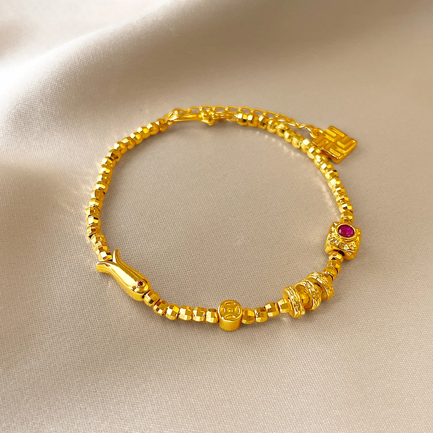 Gold Plated Fish Coin Zircon Bracelet for Women, New Chinese Style Light Luxury Niche Delicate Bracelet, Elegant High-grade