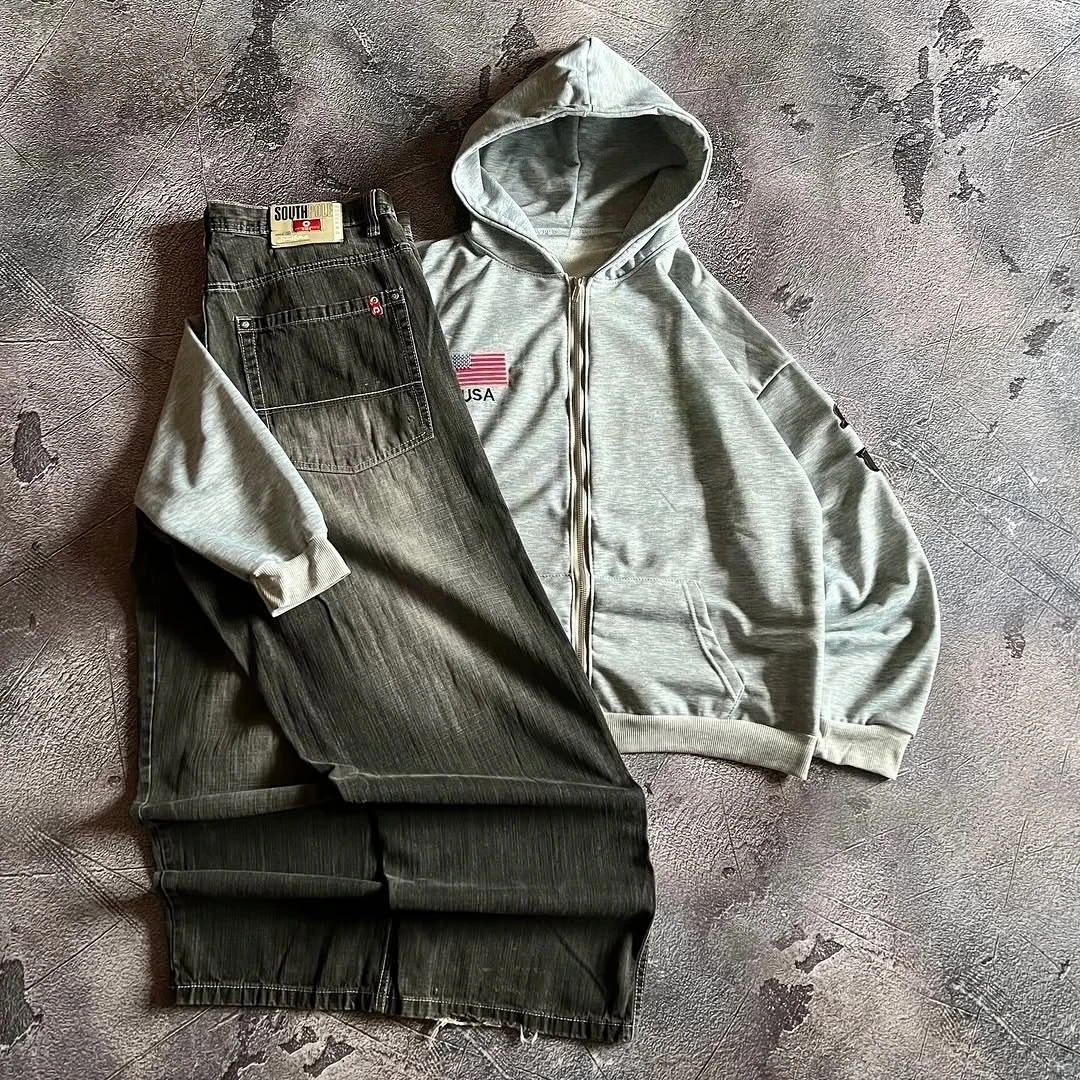 Harajuku USA Pattern Printing Suit Fashion Street Loose Zipper Hoodie Men Women Hip Hop Casual Sweatshirt Y2K Embroidery Pants