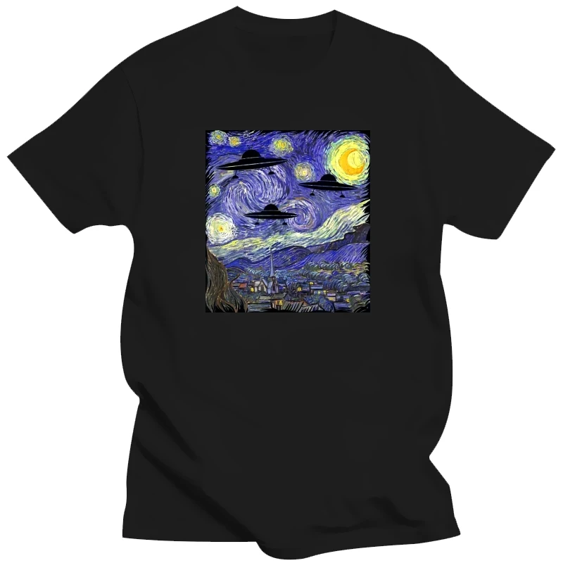

UFO Alien Abduction Starry Night Van Gogh Painting Tee Shirt Casual Tees For Men Cotton Tshirts Custom Newest
