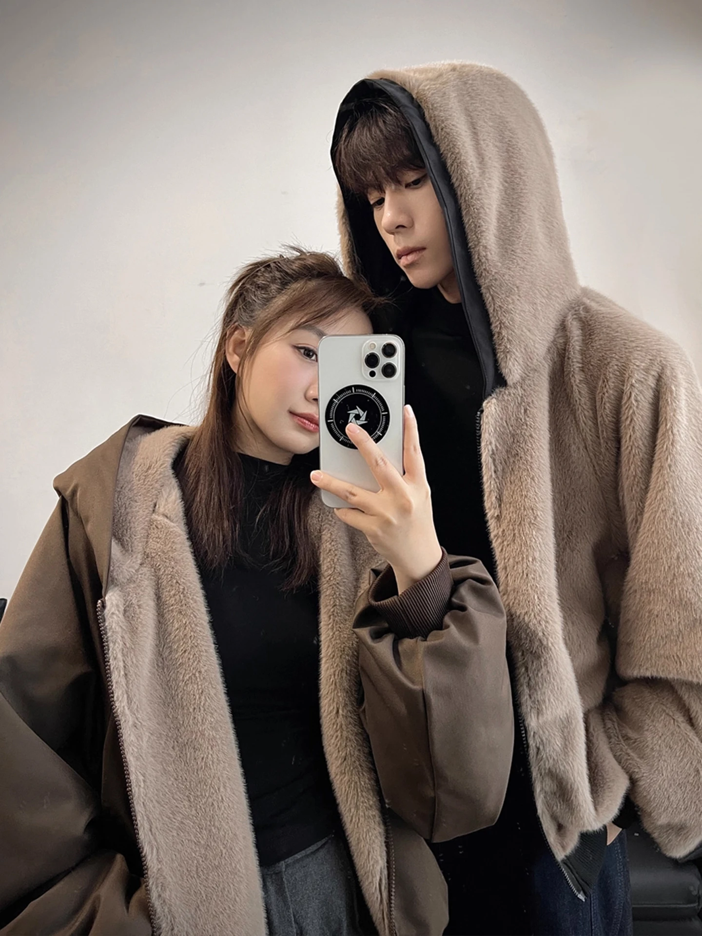 Unisex Brown Double-Sided Wear Faux Rabbit Fur Cotton Jacket Hooded Warmth Couple Coat Youth Trendy Thickened Winter Coat