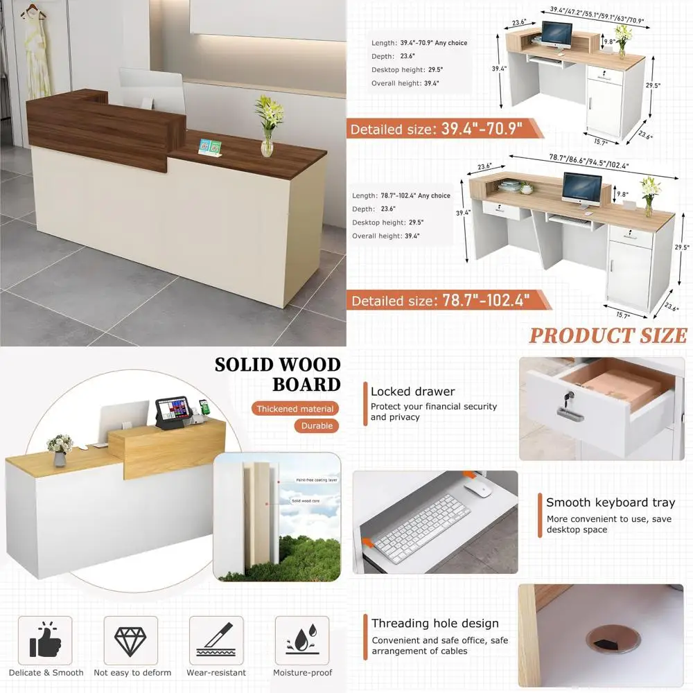 Stylish Desk with Drawers and Shelves, 39-95 Wide Counter, Ideal for Computer Workstations in Salons and Offices