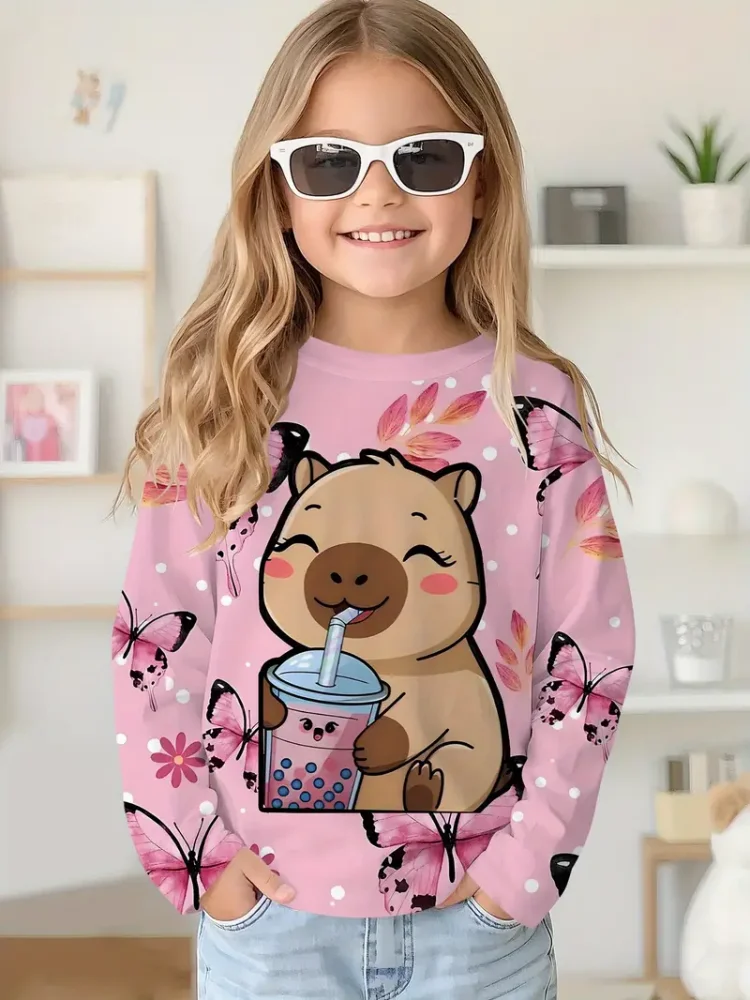 Cartoon Animal Capybala T-Shirt O-Neck Tops Long Sleeve Fashion Tshirt Children Girl Clothes 7 to 8 Years Old Tee Boys Clothing