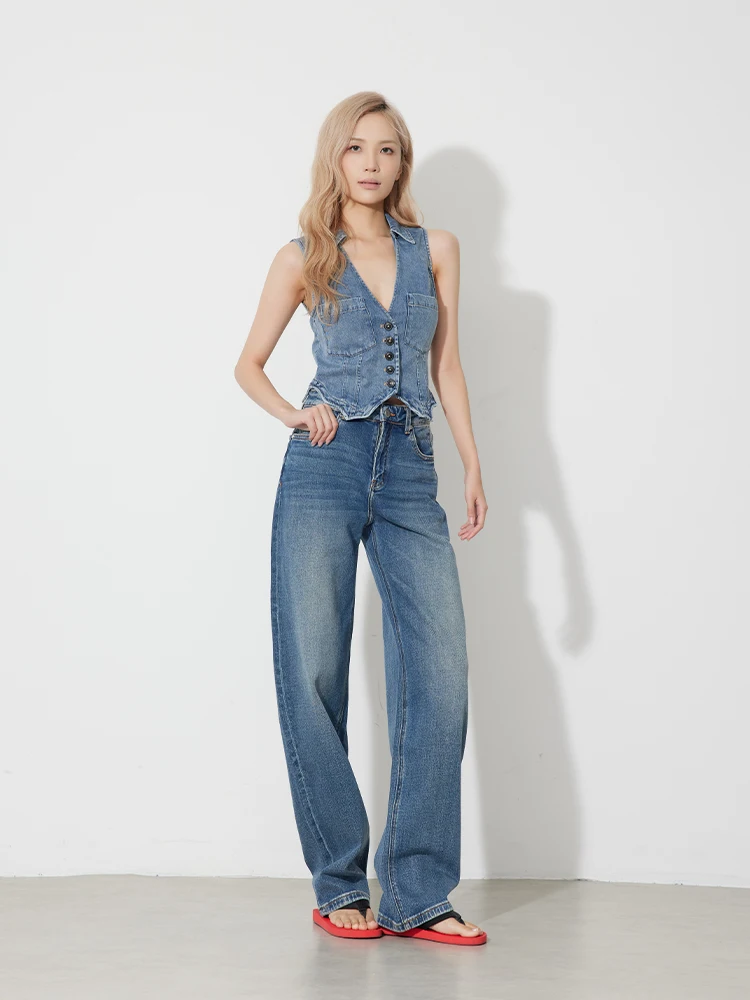 RUGOSAM High Waist Wide Leg Denim Jeans Women's Vintage Sle Loose Fit No Stretch Deep Color Fall Season Ladies Jeans