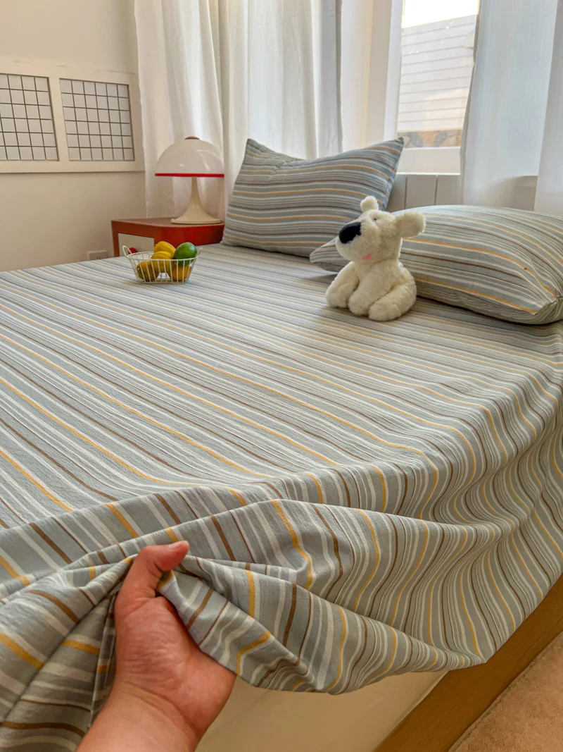 1 Pc Plaid Bed Sheets Set Single/Queen/King Striped Style Flat Sheets for Adults Soft Bed Flat Sheets Double Bed,Seeksucker