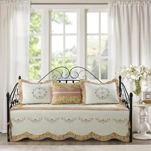 4 Piece Quilted Embroidery Daybed Bedding Cover Set, Soft Lightweight All Season Microfiber Coverlet with Matching