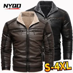2024 Men Faux Leather Jacket High Quality Casual Zipper Fleece Warm Coats Winter Men Vintage Motorcycle Leather Jacket Men S-4Xl