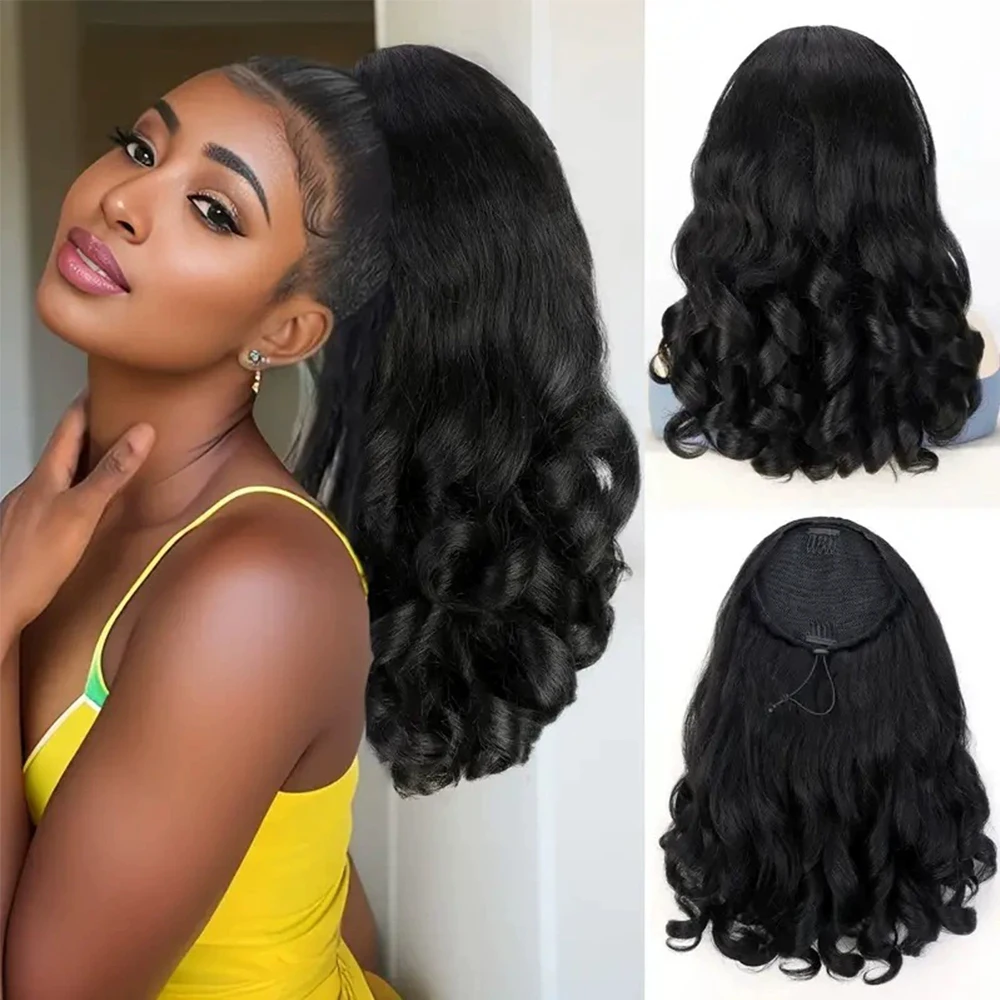 Synthetic Drawstring Ponytail Extension 16Inch Fluffy Curly Wavy Pony Tails Hair Extensions for Black Women Daily Party Use image 6