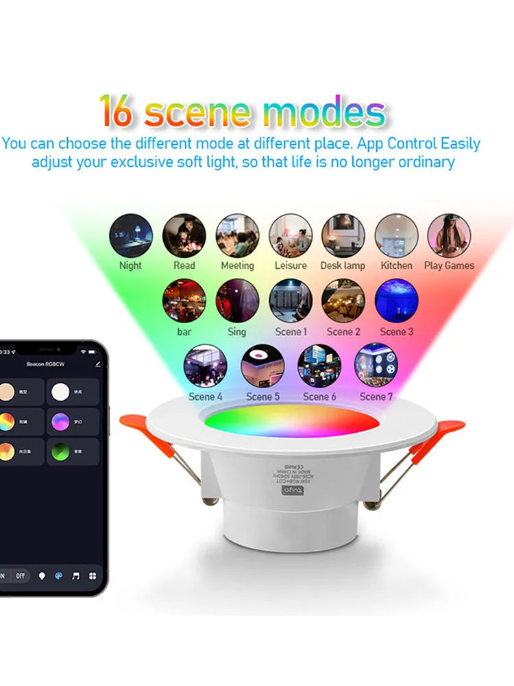 

Умный RGB-светильник 10 Вт с Bluetooth, круглая панель, 2700K-6500K, встраиваемый, для декора гостиной и спальни