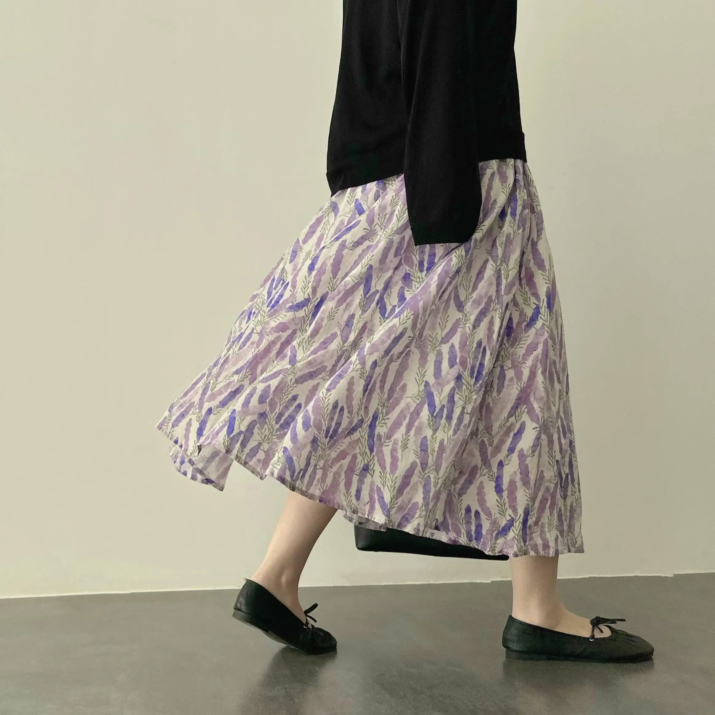 

Goods! Purple Floral Patchwork A-Line Midi Skirt Women's Flax f Skirt Commuter Ele Print mid Waist Ciwalk
