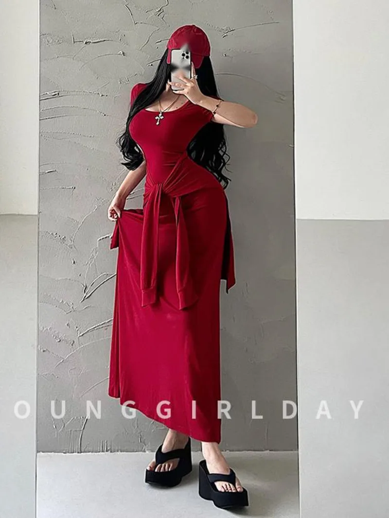 Pure Desire Sexy U Neck Fake Two Piece Strap Up Waist Short Sleeve Dress Elegant Long Dress Sweet Fashion Sexy Women CL30