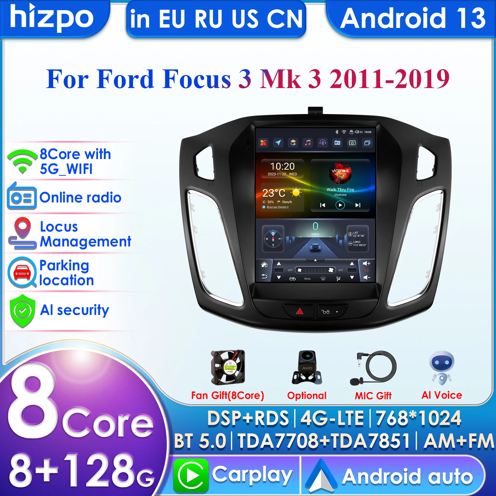 9.7 inch Tesla Style Carplay 4G DSP 2 Din Android Car Radio GPS for Ford Focus 3 Mk 3 2011-2019 Multimedia Video Player RDS WIFI