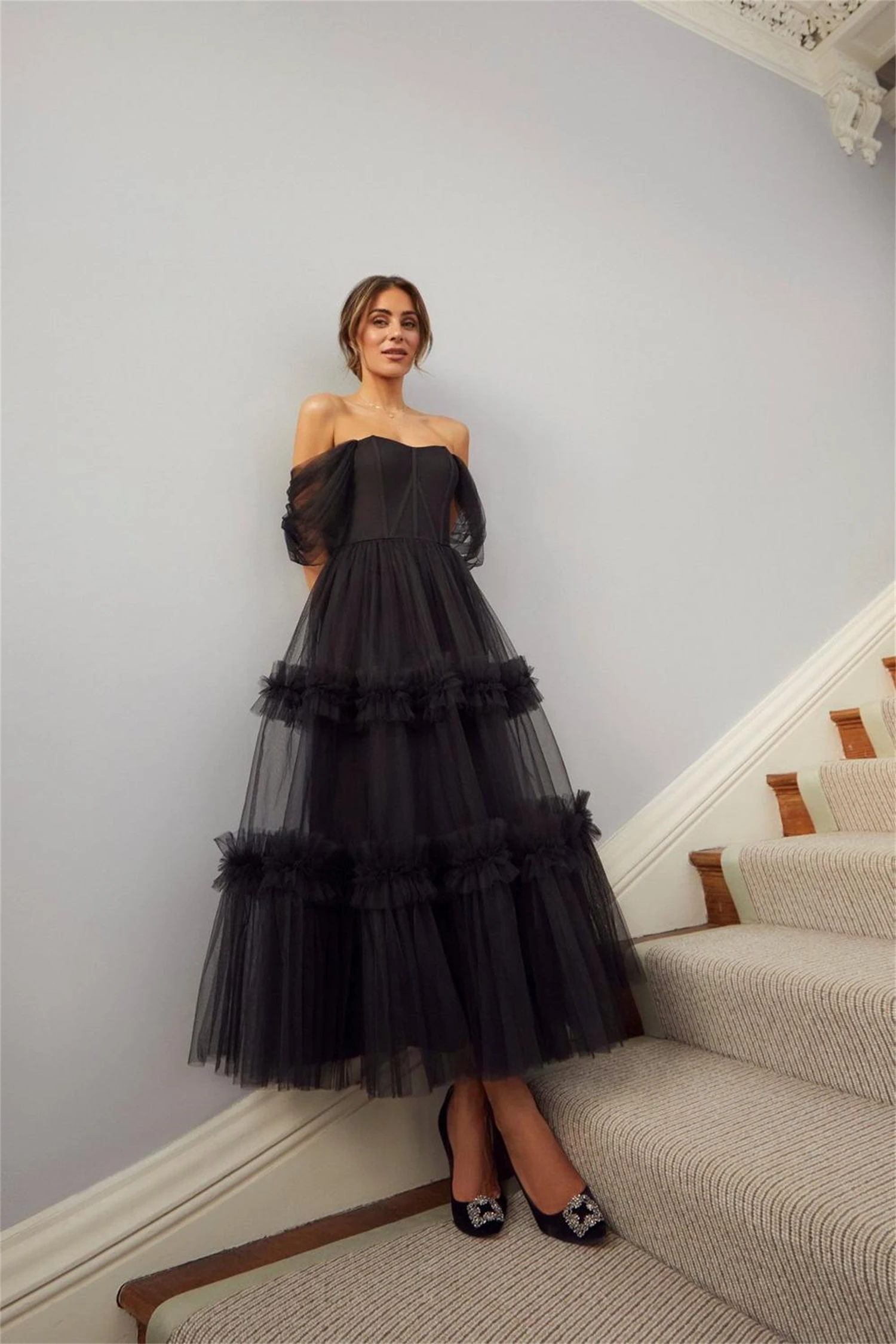 Lucy Elegant Off Shoulder Vestidos De Noche gaun Prom A-line hitam gaun Prom multilapis seksi 2023 panjang selutut الryan semi CF cassy