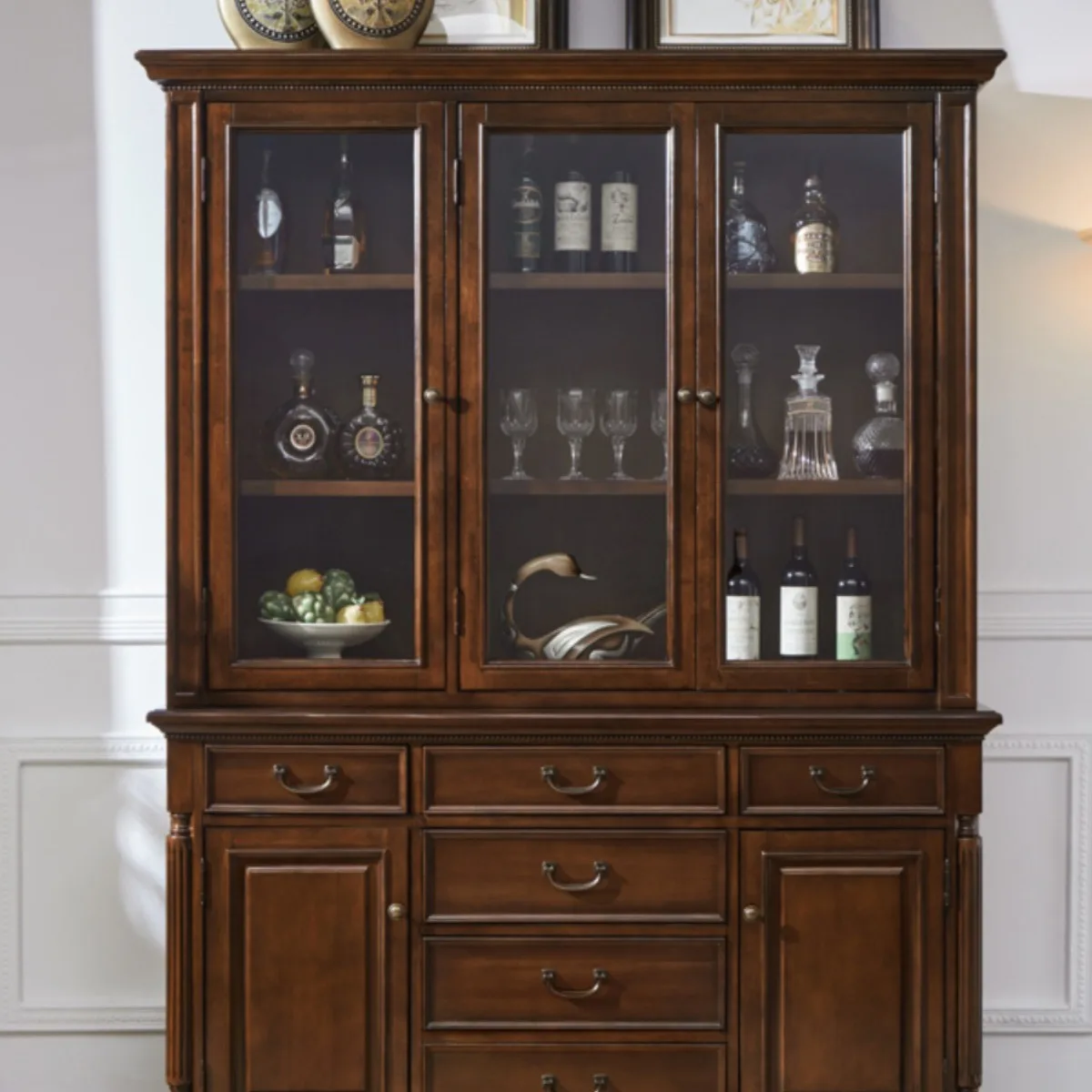 All solid wood wine cabinet, dining side locker, living room three-door storage display cabinet, household dish cabinet