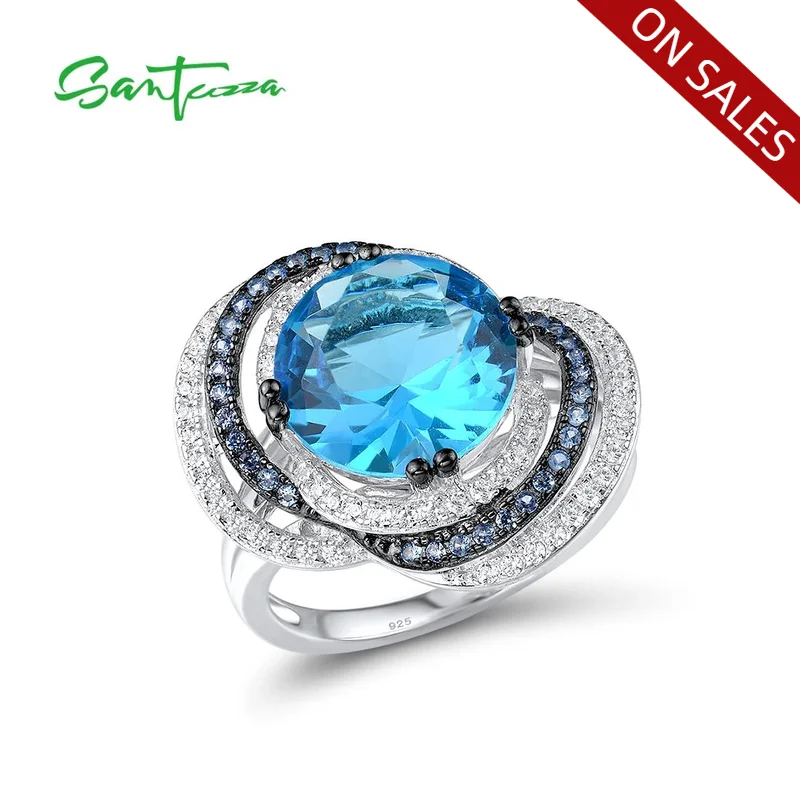 SANTUZZA Silver Ring For Women Genuine 925 Sterling Silver Sparkling Blue Glass Spinel White CZ Round Ring Party Fine Jewelry