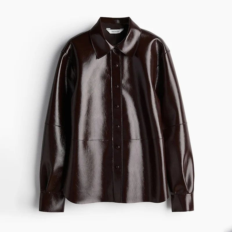 سترة نسائية جلدية قصيرة لامعة ورقبة دائرية ونحيفة للتنقل