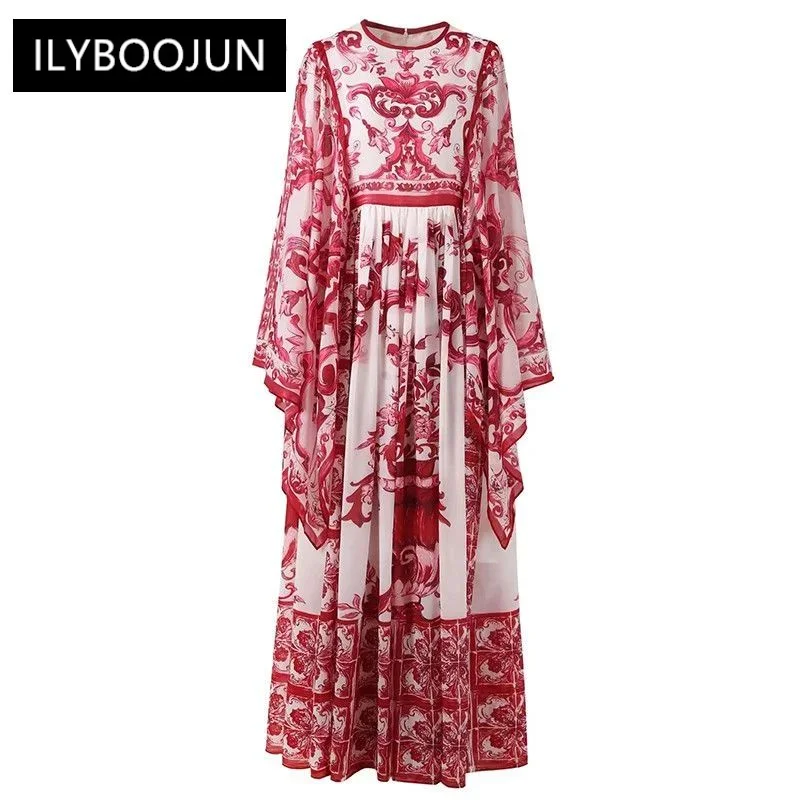 

Summer Fashion Designer Vintage Casual Dress Women Batwing Sleeve Ruched Red Flower Porcelain Printing Maxi Long Dress