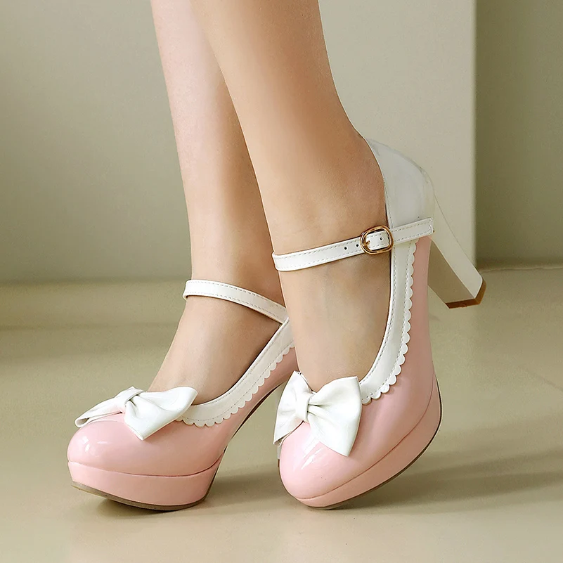 

Plus Size Glossy Patent Leather Splicing Lotus Leaf Edge PU Bow Sticker Shallow High Heels Platform Ultra High Thick Heel Pumps
