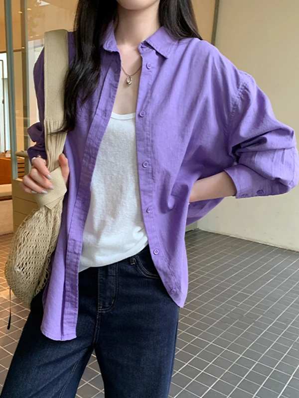 

Свободная женская фиолетовая рубашка в корейском стиле из льняно-хлопковой смеси с защитой от УФ-излучения, с длинными рукавами, воротником, средней длины, повседневная летняя блузка
