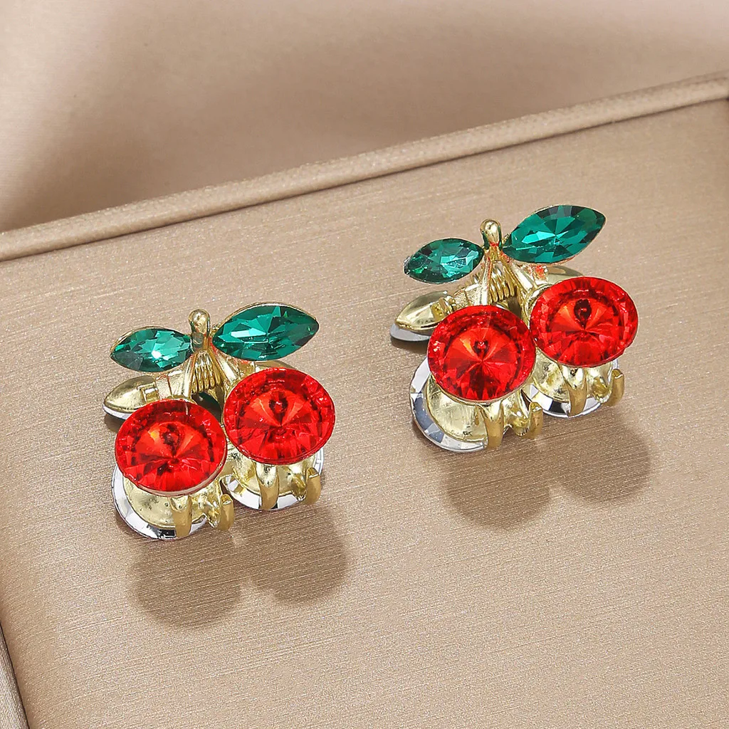 1pcs Fashion Green Leaf Red Cherry Hair Claw Mini Crystal Shark Hair Clip Women Girls Bangs Hairpin Hair Accessories Xmas Gifts view 6