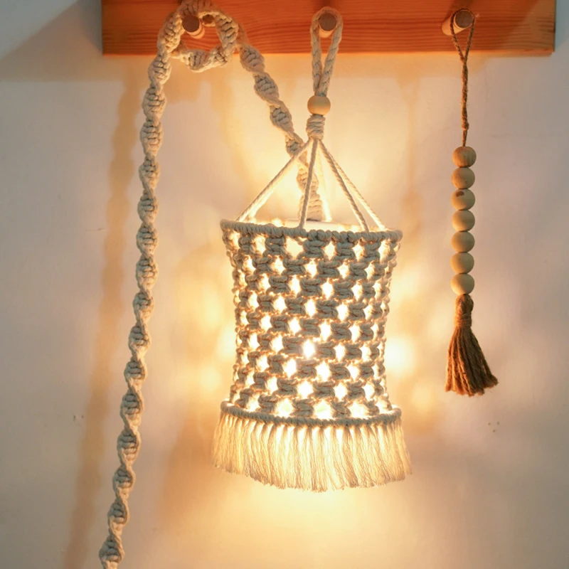 Bohemian Hand-Woven Lampshade Cotton Rope Chandelier Decorative Light Shade Woven Light Cover Home Decor Living Room Bedroom